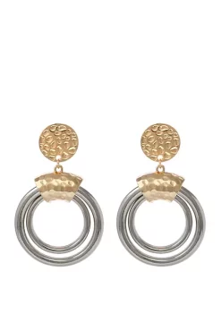 Erica Lyons 2 Tone Clip Earrings with Hammered Top and Double Ring Drops
