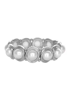 Erica Lyons Silver Tone and Pearl Cab Stretch Bracelet