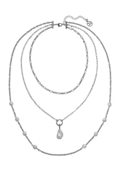 Erica Lyons Silver Tone and Pearl Three Row Chain with Y Drop Statement Necklace