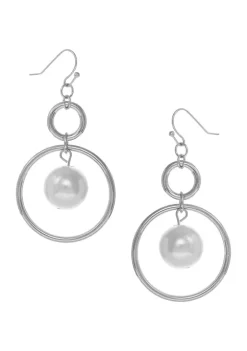 Erica Lyons Silver Tone Ring Drop Earrings with Pearl Center