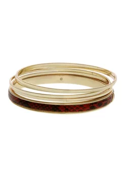 Erica Lyons Gold Tone 5 Piece Bangle Set with Red & Black Faux Leather Accents