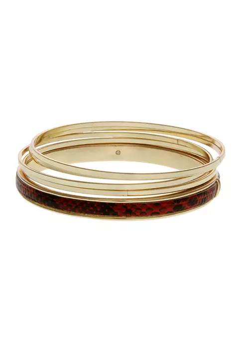 Erica Lyons Gold Tone 5 Piece Bangle Set with Red & Black Faux Leather Accents 3 Erica Lyons Gold Tone 5 Piece Bangle Set with Red & Black Faux Leather Accents
